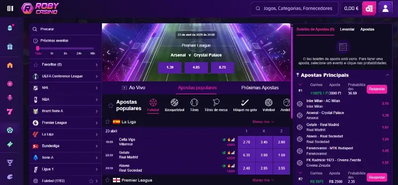 Página de apostas desportivas no Roby Casino