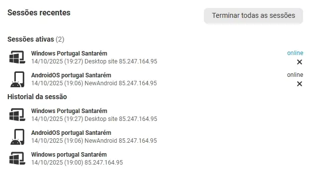 Registo das sessões recentes a conta da Megapari
