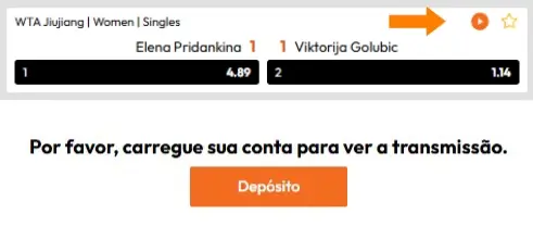 Simbolo de stream na OptimBet e mensagem que é necessário ter saldo para ver o strem