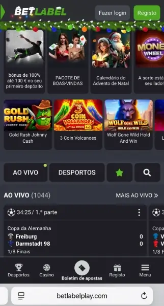 Versão mobile do site da Betlabel