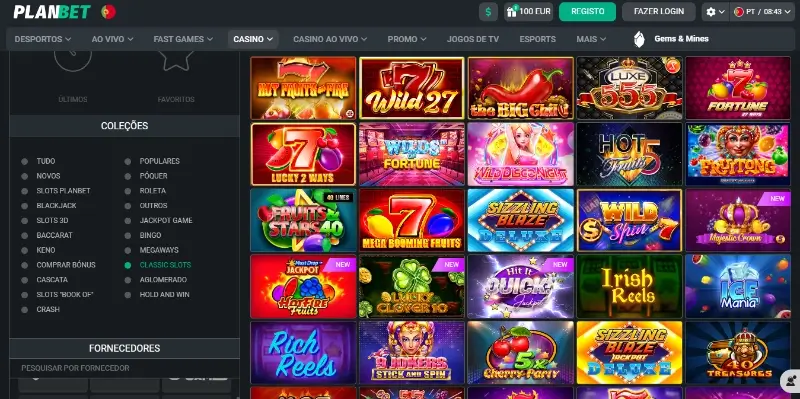 Página de slot machines no casino da Planbet