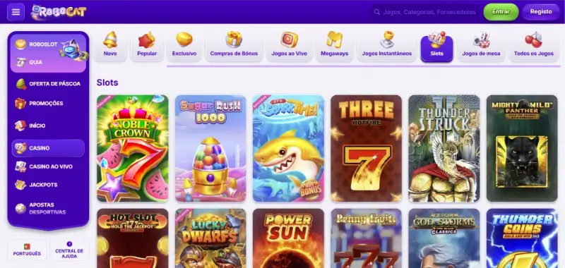 Página de slot machines no Robocat Casino