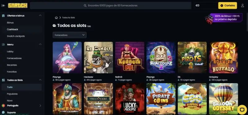 Página de slot machines no Snatch Casino