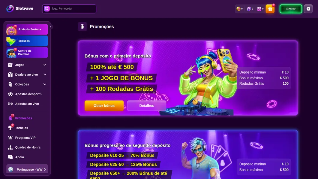 Página de promoções da Slotrave vista do Brasil, com o bônus progressivo do segundo depósito