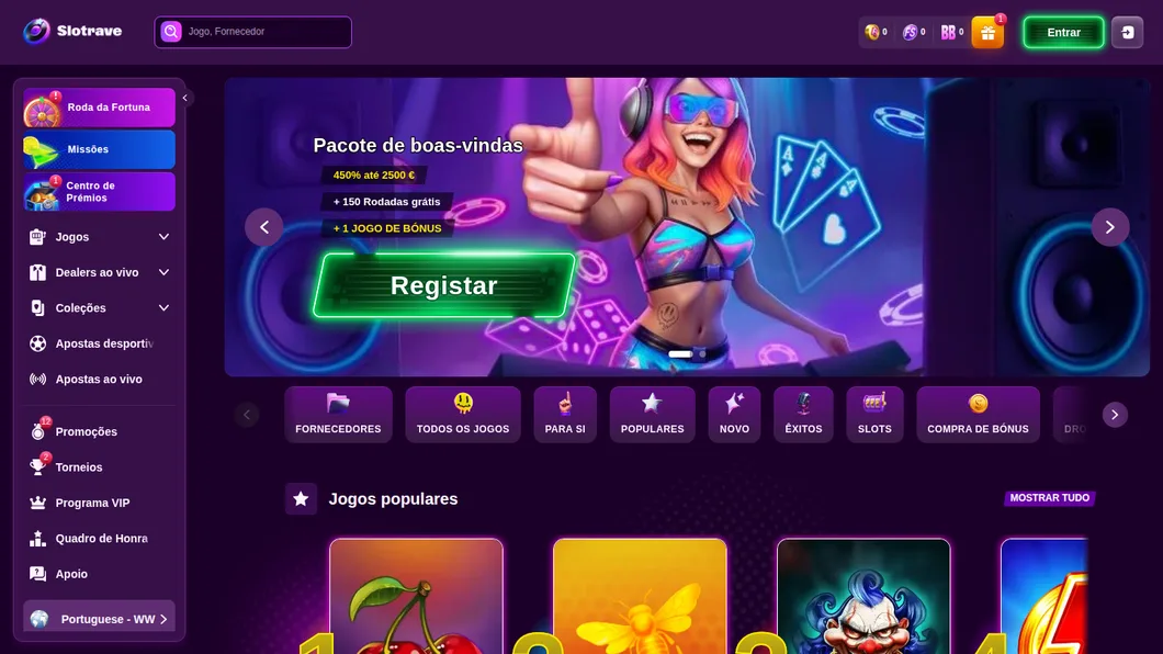 Página inicial da Slotrave aberta a partir do Brasil, com o pacote de boas-vindas
