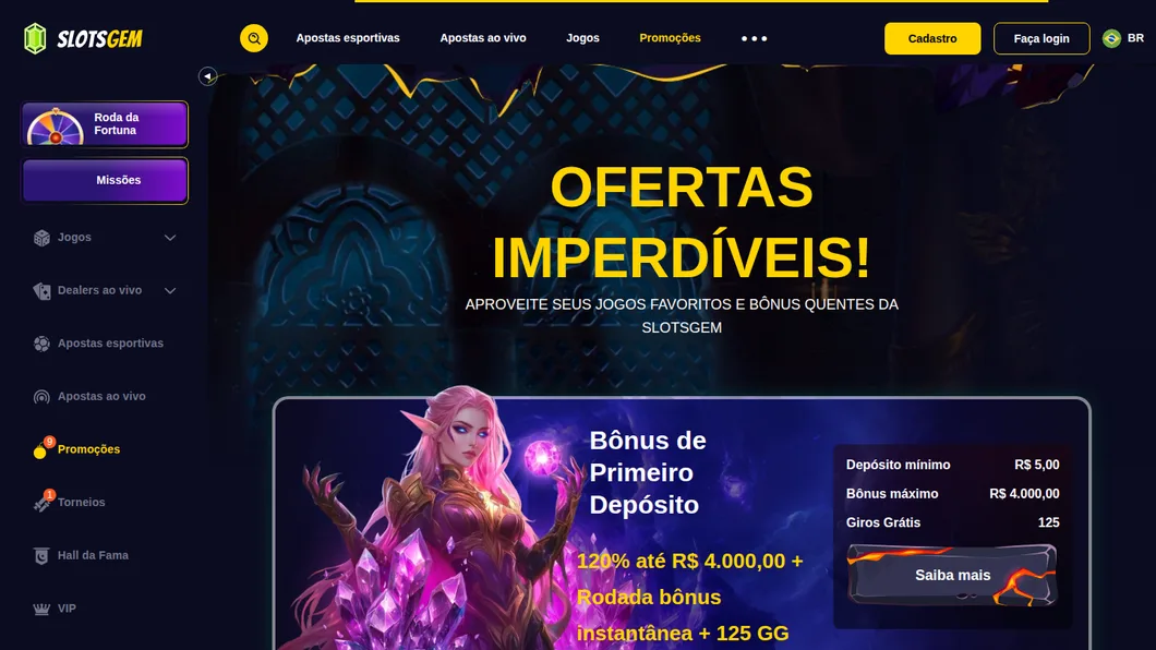 Página de promoções da SlotsGem vista do Brasil, com o bônus de primeiro depósito de 120% até R$ 4.000