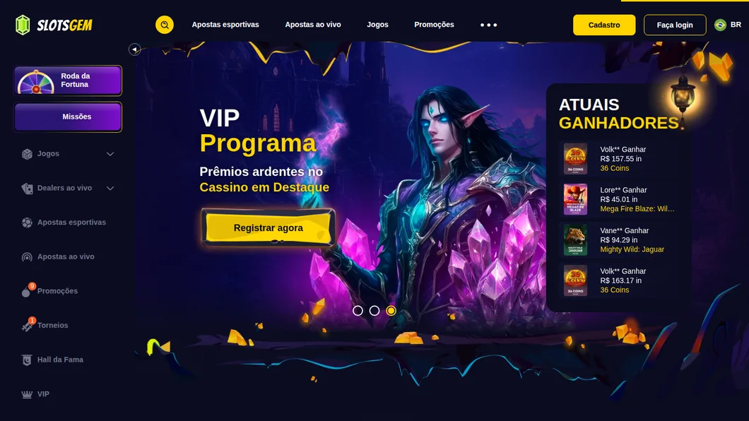 Página inicial da SlotsGem aberta a partir do Brasil, com o programa VIP e os ganhadores recentes em reais
