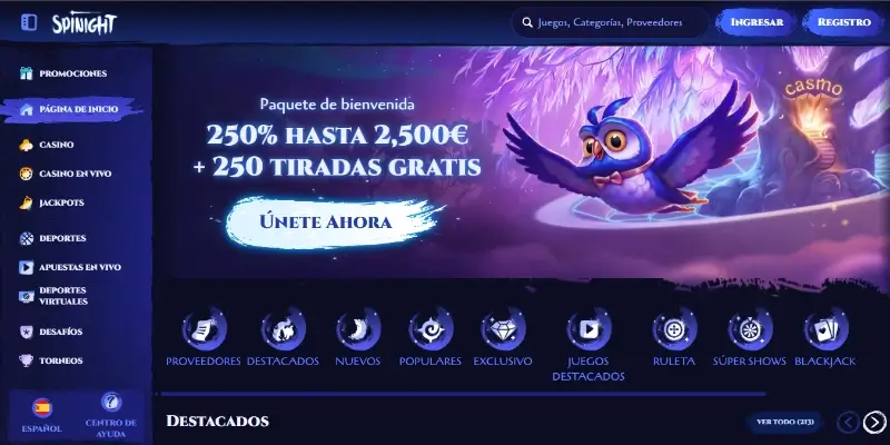 Página de casino na Spinight