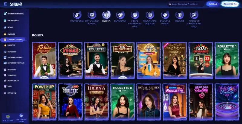 Página de roleta ao vivo no casino da Spinight
