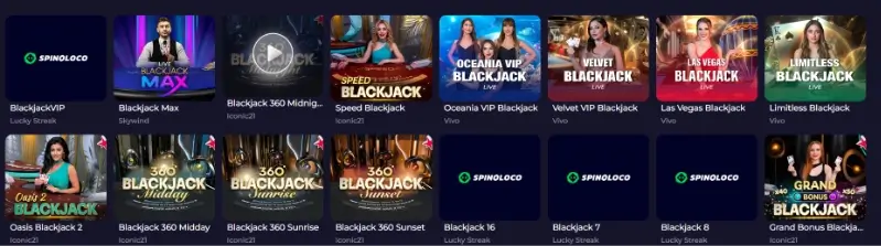 Página de blackjack na Spinoloco