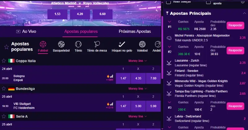 Sugestão de apostas dada pelo Roby Casino