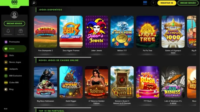 Site mobile do 888 Casino num tablet