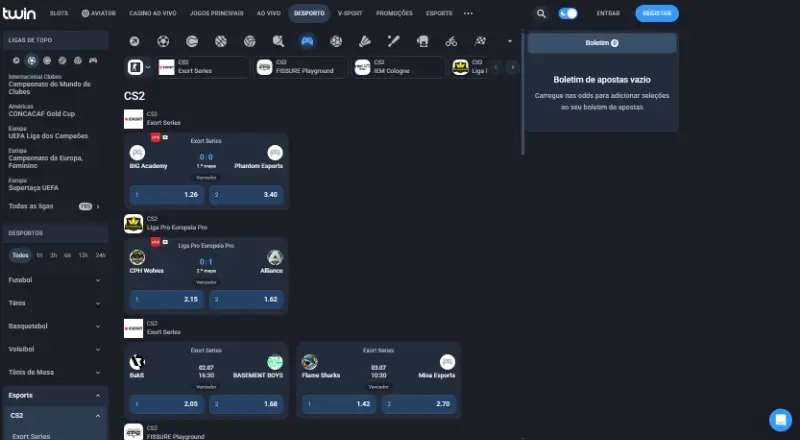 Página de apostas para CS2 na Twin Casino