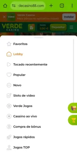 lobby da versão mobile do site do Verde Casino
