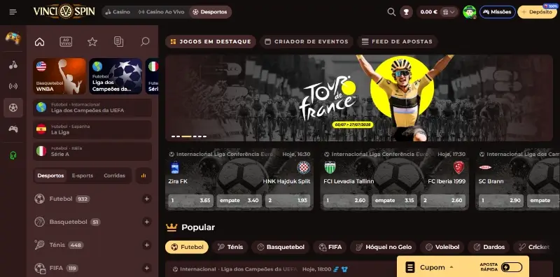 Página de apostas desportivas no Vinci Spin