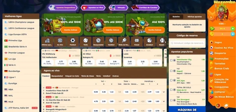 Página de apostas desportivas da Wazamba