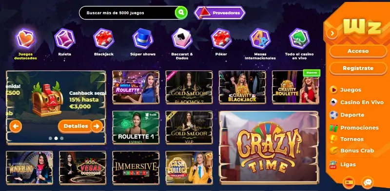 Página de casino na Wazamba