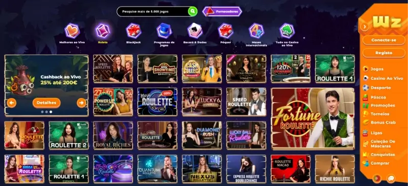 Página de roleta ao vivo no casino da Wazamba